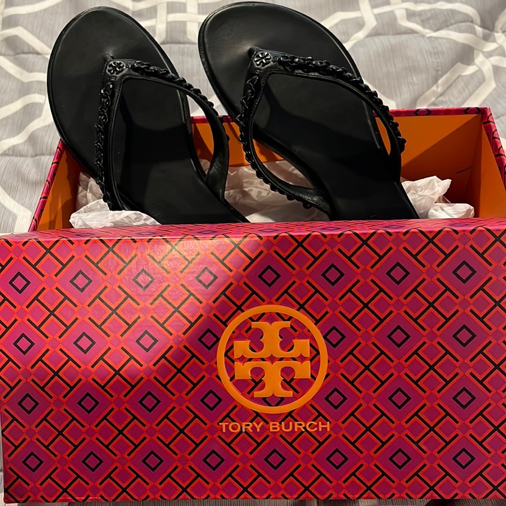 Tory Burch Black Logo Thong Sandals